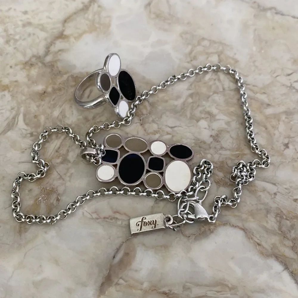 Foxy Originals Matching Set Necklace & Ring Silver Tone & Enamel